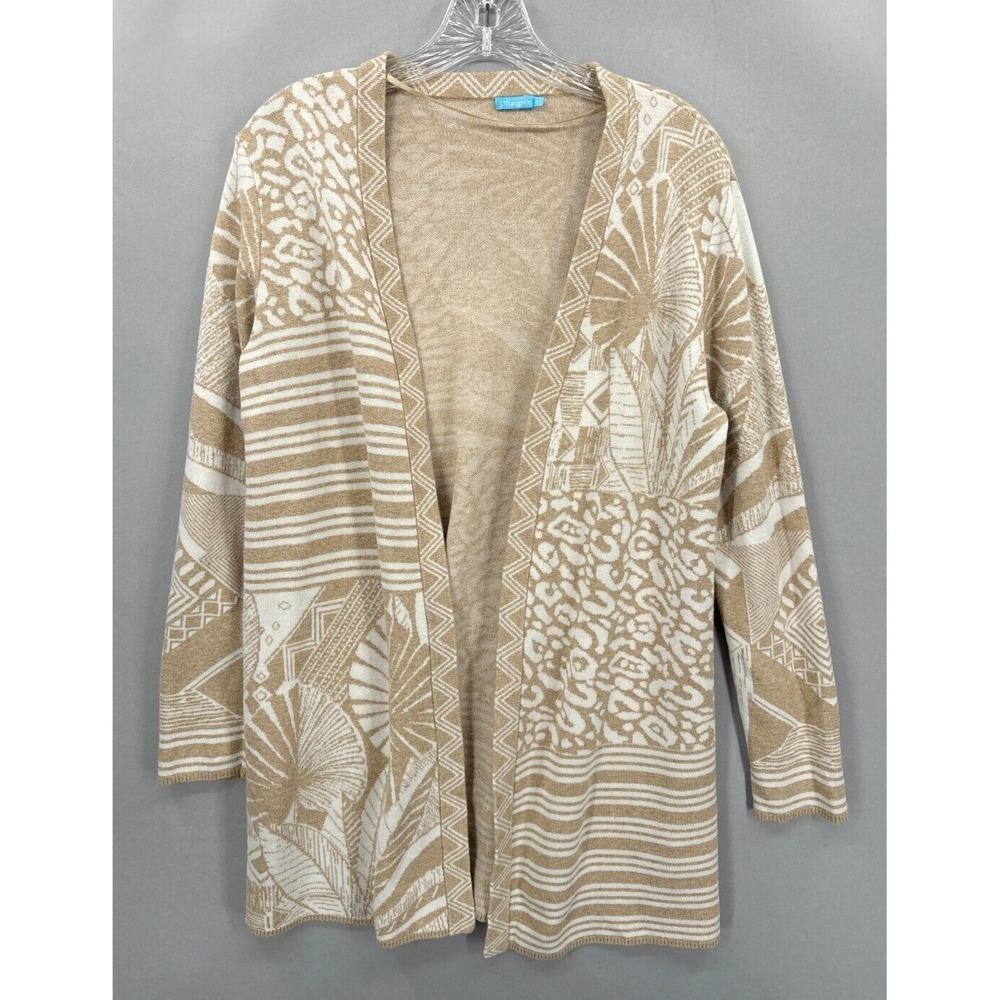 J McLaughlin Cardigan Sweater Medium Open Beige Mixed Pattern Resort Knit